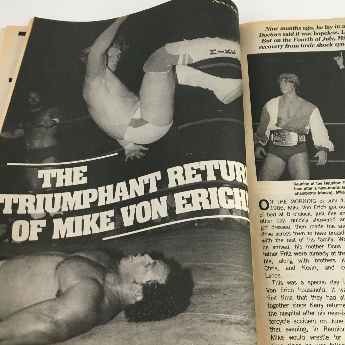 An article from The Wrestler Magazine November 1986 featuring Mike Von Erich's triumphant return to wrestling after recovery, emphasizing his significance in the wrestling community.