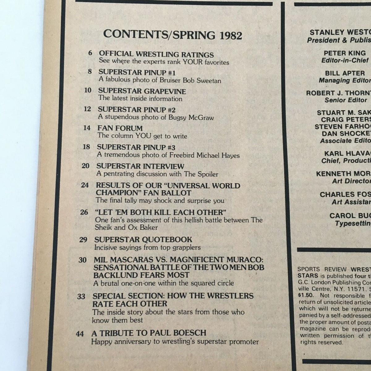 Table of contents page from Wrestling Super Stars Magazine Spring 1982, detailing featured articles and sections including the match between Mil Mascaras and Magnificent Muraco.