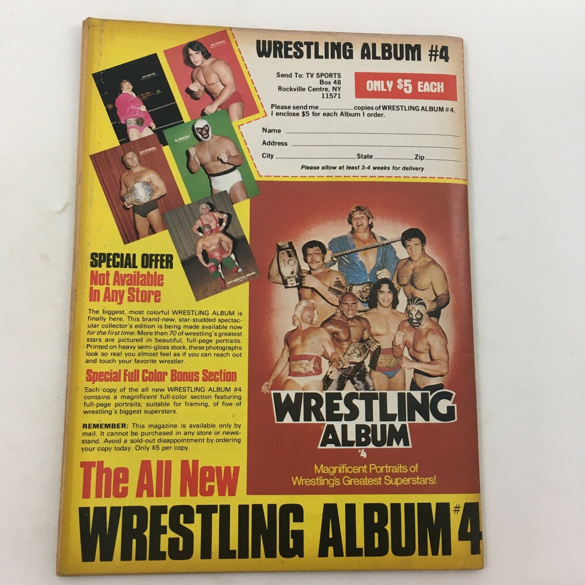 Back cover of Wrestling Super Stars Magazine Spring 1982 showcasing Wrestling Album #4 with a special offer for wrestling enthusiasts.