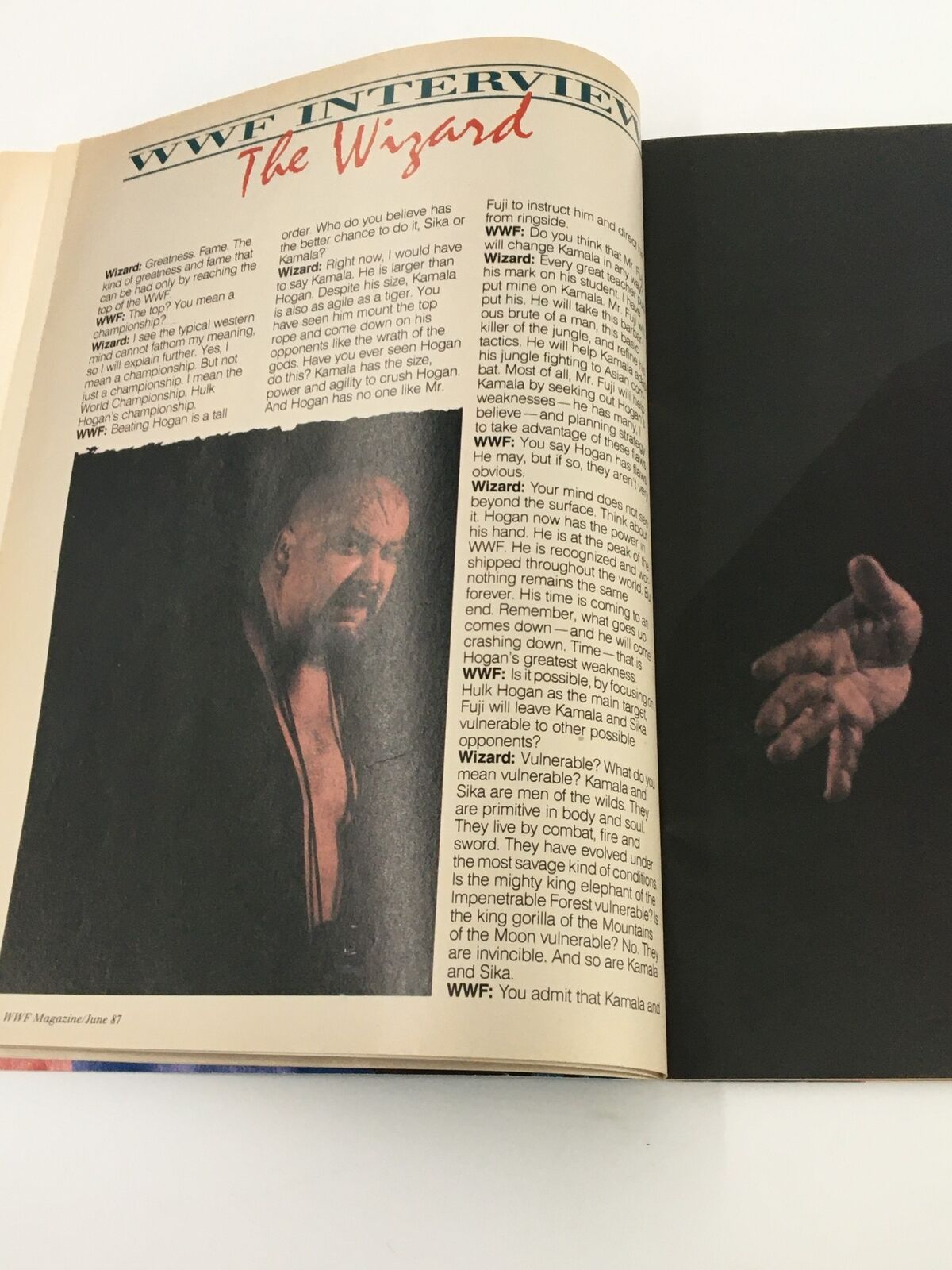 WWF Magazine June 1987 interview page featuring The Wizard discussing wrestling strategies.