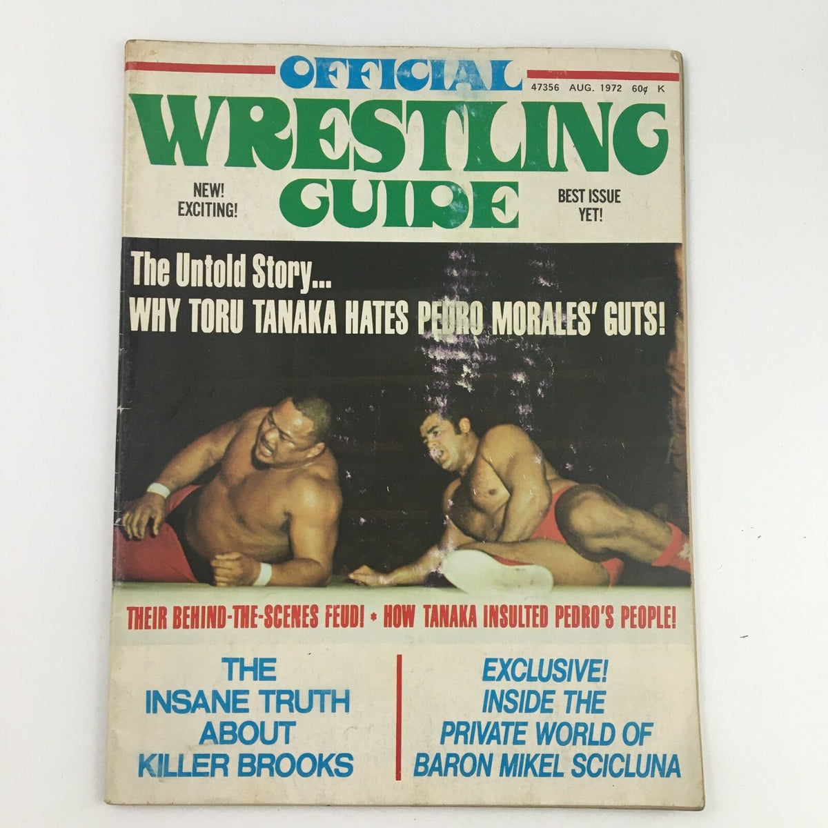 Official Wrestling Guide August 1972 cover featuring Toru Tanaka and Pedro Morales with headline about their rivalry and exclusive articles.