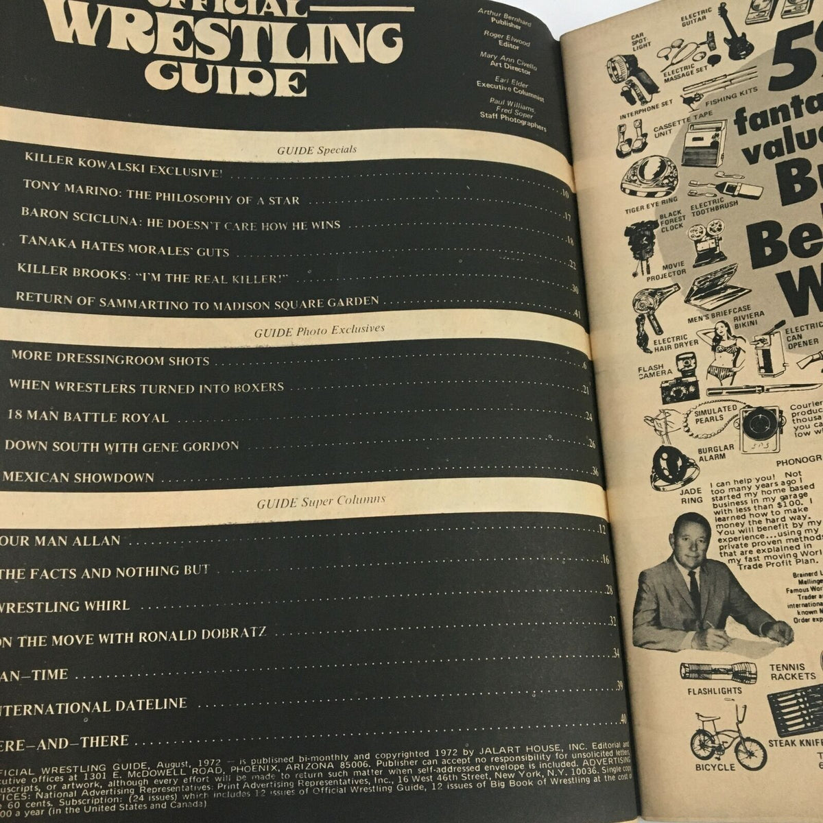 Inside page of the Official Wrestling Guide August 1972 showcasing table of contents and featured stories including Killer Kowalski and wrestling insights.