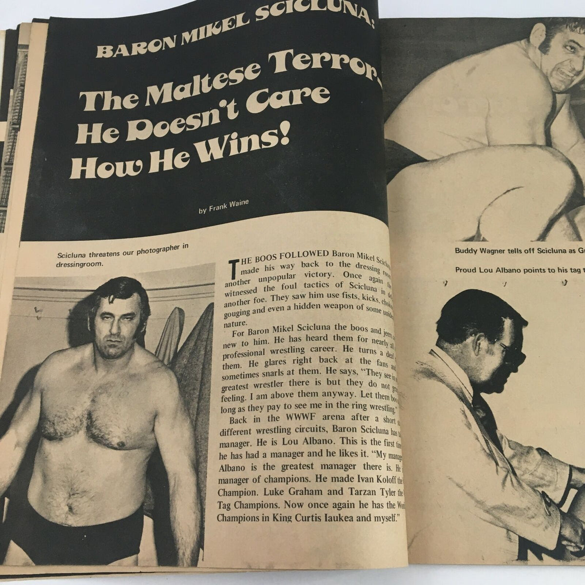 Official Wrestling Guide August 1972 highlights Baron Mikel Scicluna discussing his wrestling tactics and career in an interview format.