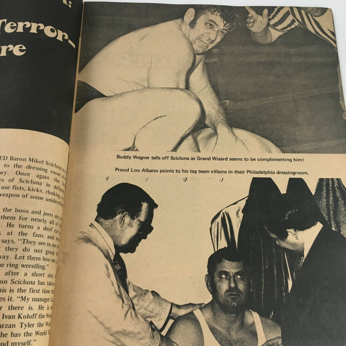 Official Wrestling Guide August 1972 captures Baron Mikel Scicluna during a discussion surrounded by wrestling figures, revealing insights on the wrestling scene.