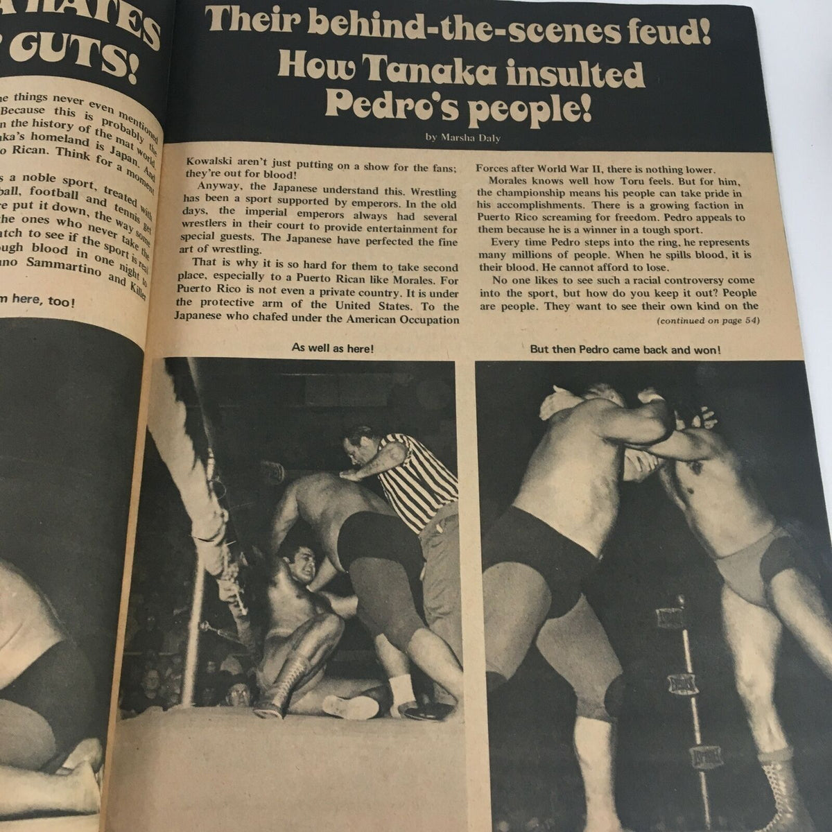 Official Wrestling Guide August 1972 features an article about the rivalry between Toru Tanaka and Pedro Morales, examining the cultural implications of their feud.