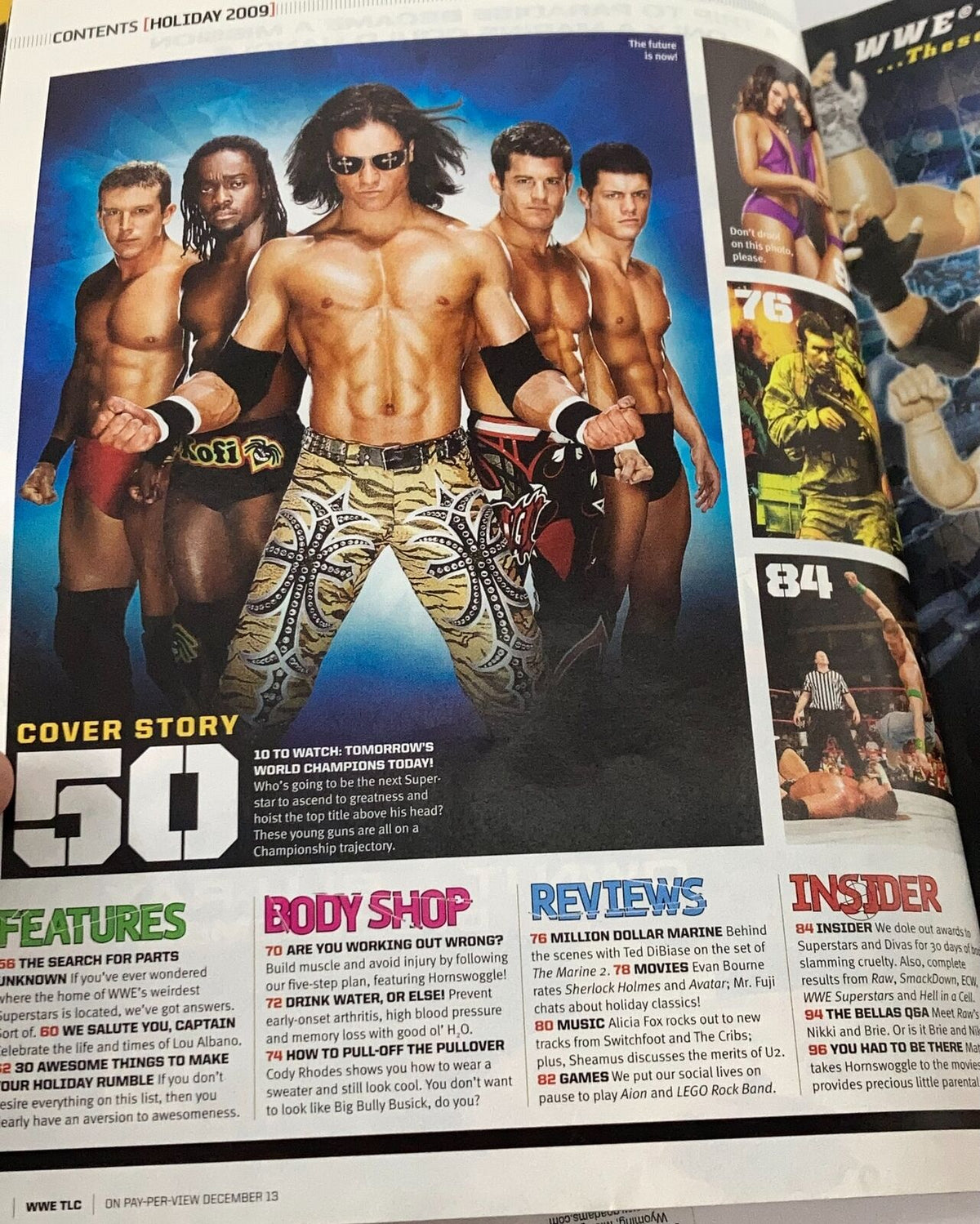 Another interior page of WWE Magazine Holiday 2009, focusing on the cover story featuring Ted DiBiase and his wrestling colleagues with articles and visuals.