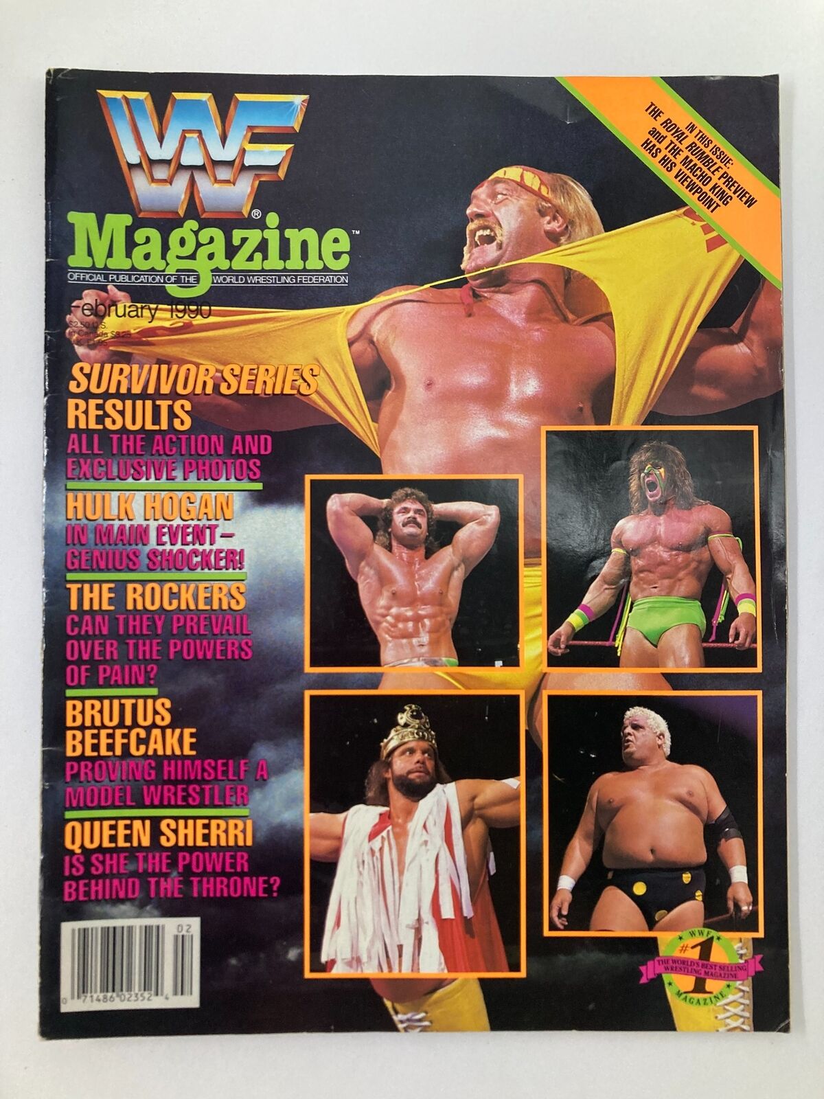 WWF Magazine February 1990 featuring Hulk Hogan, The Rockers, and Brutus Beefcake on the cover. This collectible publication highlights iconic wrestling moments and personalities from the era.