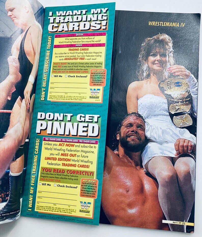Internal page of WWF World Wrestling Federation Magazine March 1997 displaying an advertisement for wrestling trading cards alongside an image of a championship celebration.