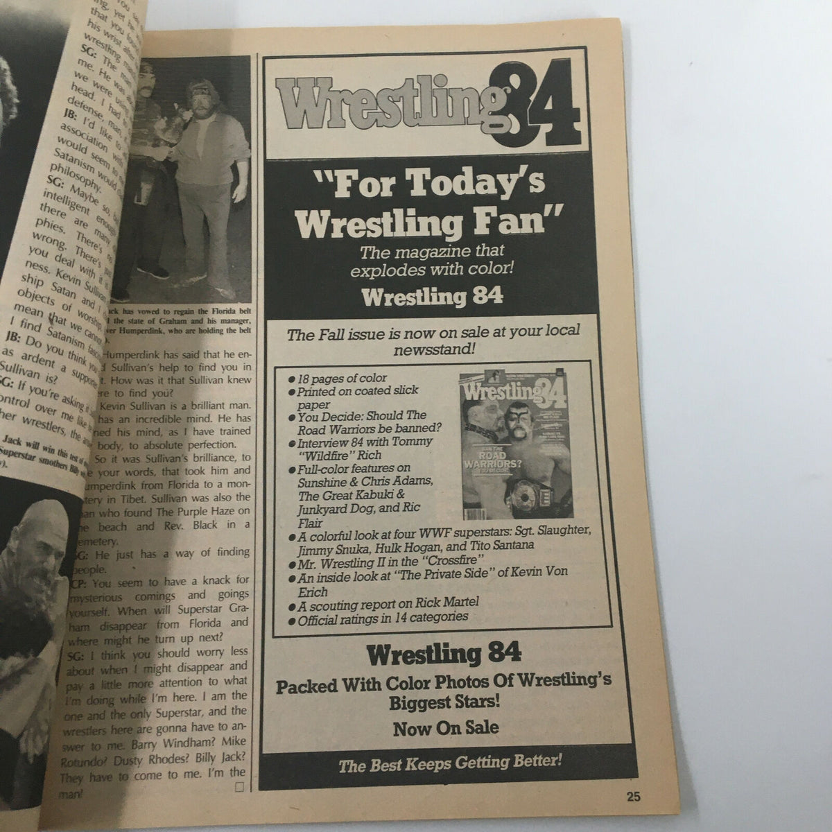 Another promotional page from Pro Wrestling Illustrated November 1984 featuring subscription offers and articles from previous issues, targeting wrestling fans.