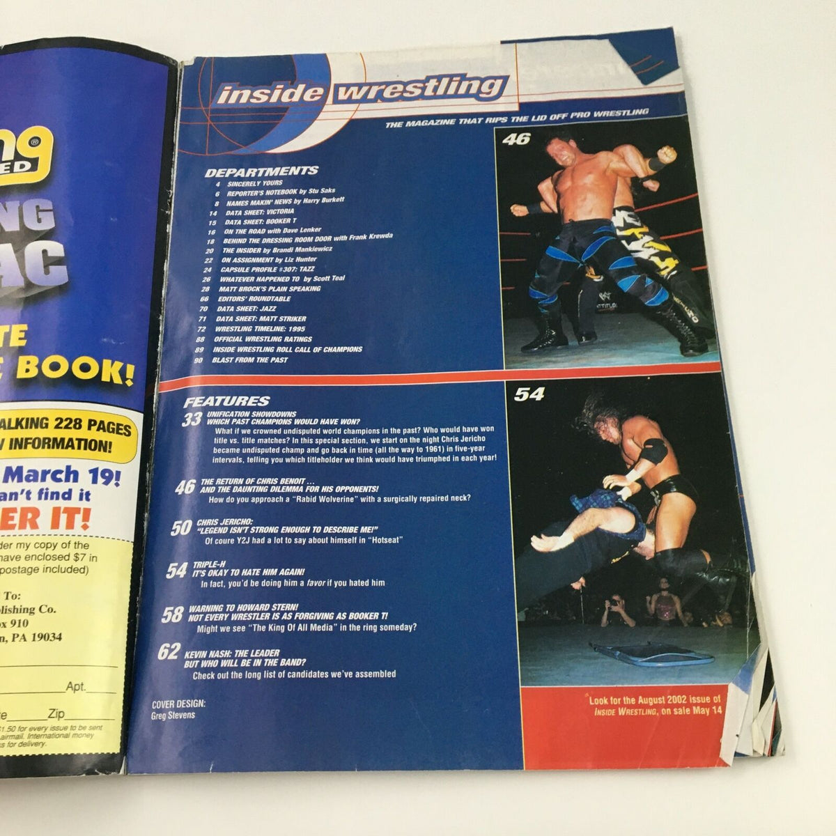 Inside page layout of Inside Wrestling Magazine June 2002, showcasing sections and features.