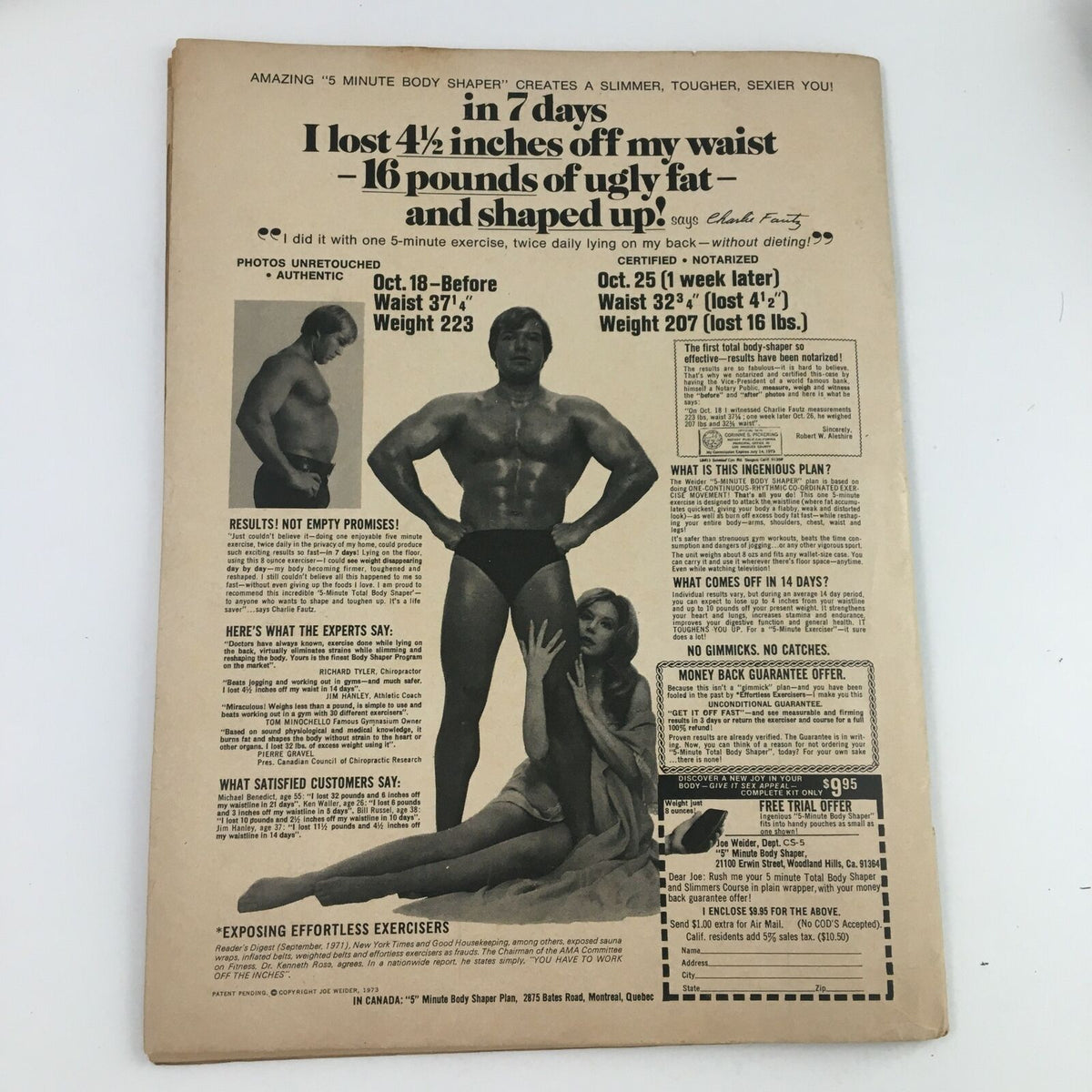 Wrestling Revue Magazine May 1973 advertising an exercise product with transformation testimonials, reflecting the fitness culture during the era.