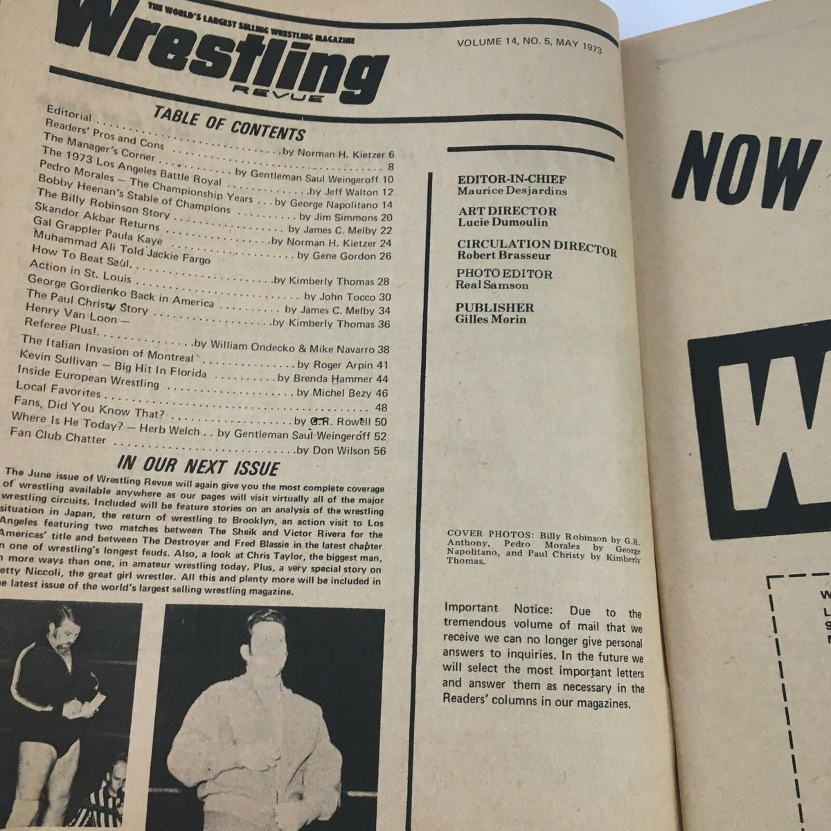Wrestling Revue Magazine May 1973 featuring the Table of Contents with editorial details and upcoming issues, showcasing Pedro Morales & Billy Robinson.
