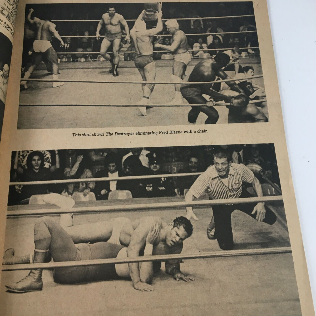 Wrestling Revue Magazine May 1973 image depicting the chaos of the Los Angeles Battle Royal with multiple wrestlers in action including The Destroyer eliminating Fred Blassie.