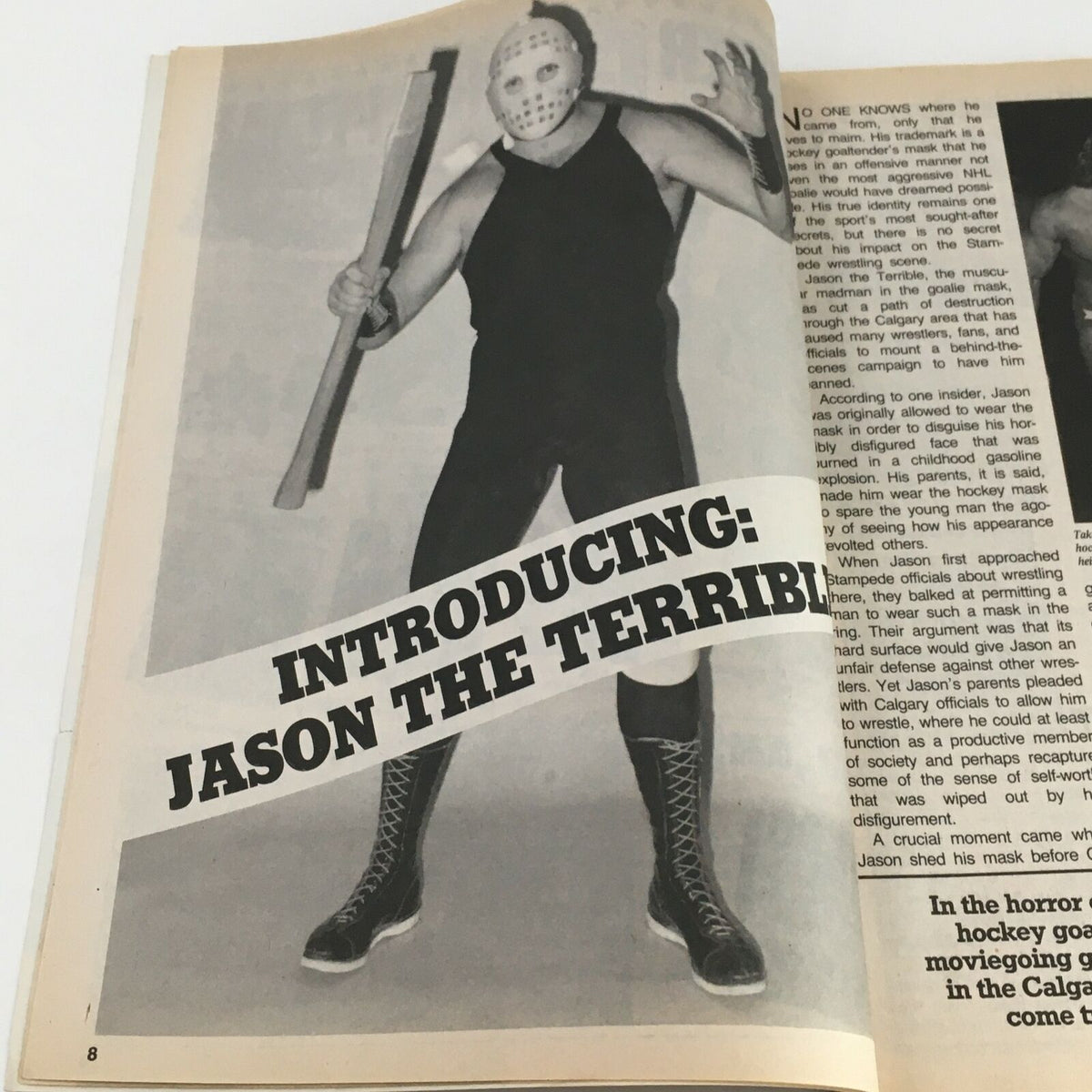 Page from Victory Sports Wrestling Magazine Spring 1988 introducing the character Jason the Terrible, detailing his wrestling backstory and persona.