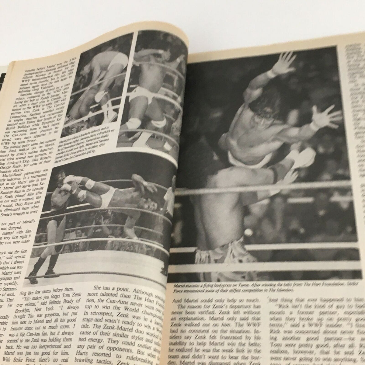 Inside page from Victory Sports Wrestling Magazine Spring 1988 showcasing action shots of wrestling matches, highlighting key moments.