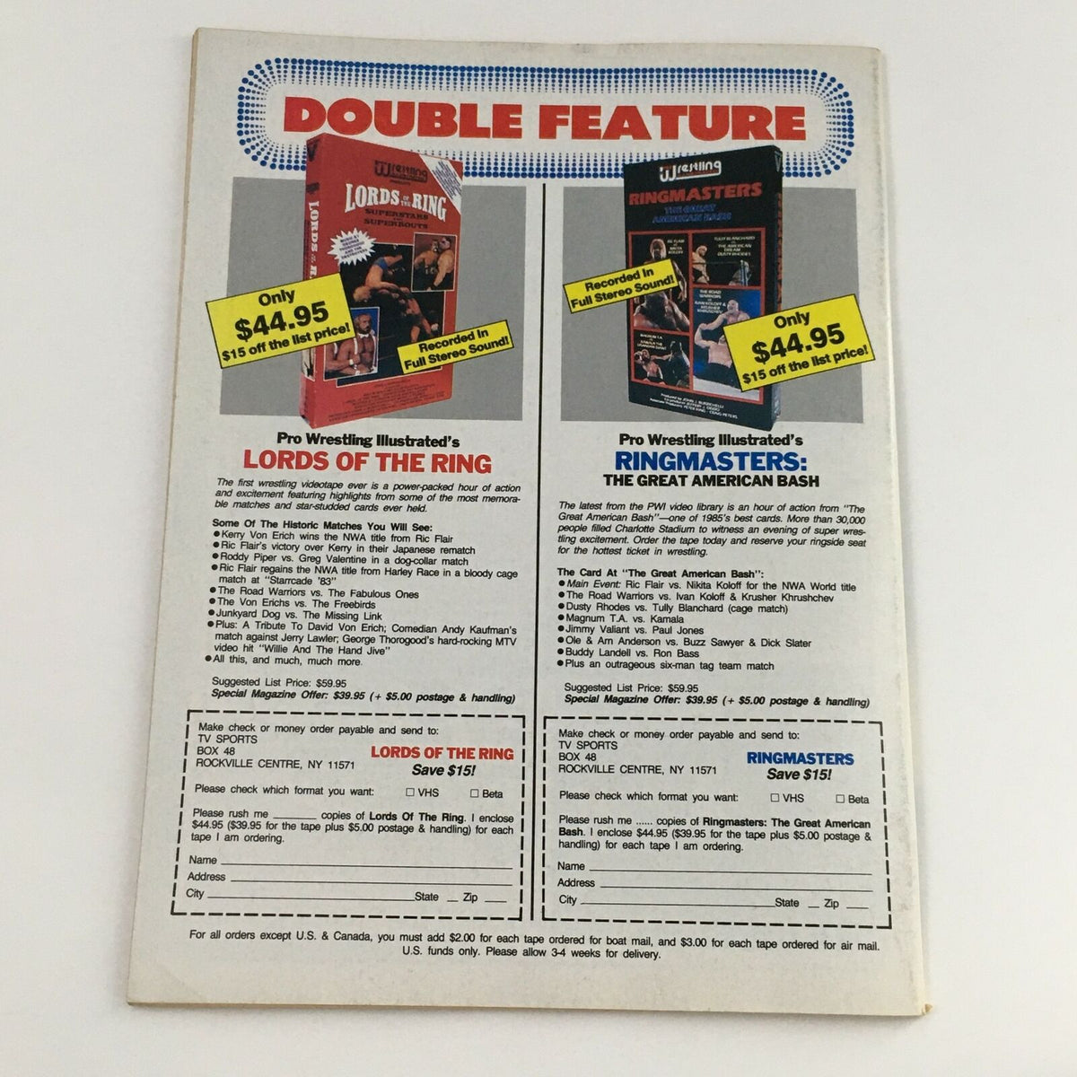 Double feature advertisement from Victory Sports Wrestling Magazine Spring 1988 showcasing 'Lords of the Ring' and 'Ringmasters: The Great American Bash' VHS tapes for sale at promotional prices.