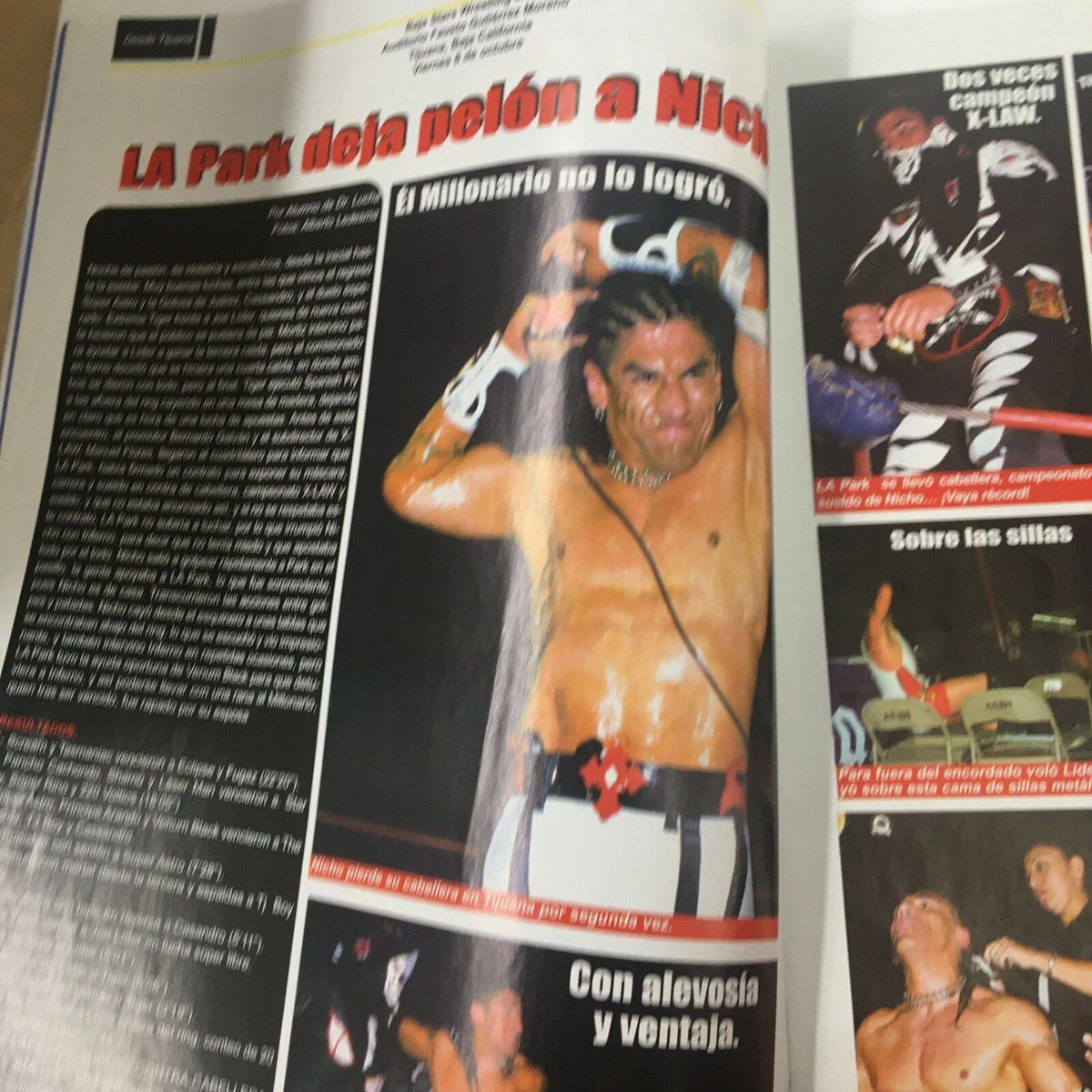 LA Park in Super Luchas Magazine October 2004, showcasing his wrestling prowess with dramatic visuals. This image captures a moment from the captivating story of Guerrera Campeon in X-Law.