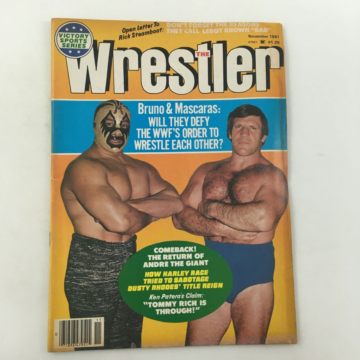 The Wrestler Magazine November 1981 showcasing the triumphant return of Andre the Giant alongside Ken Patera, featuring colorful wrestling characters and headlines about their controversies in professional wrestling history.