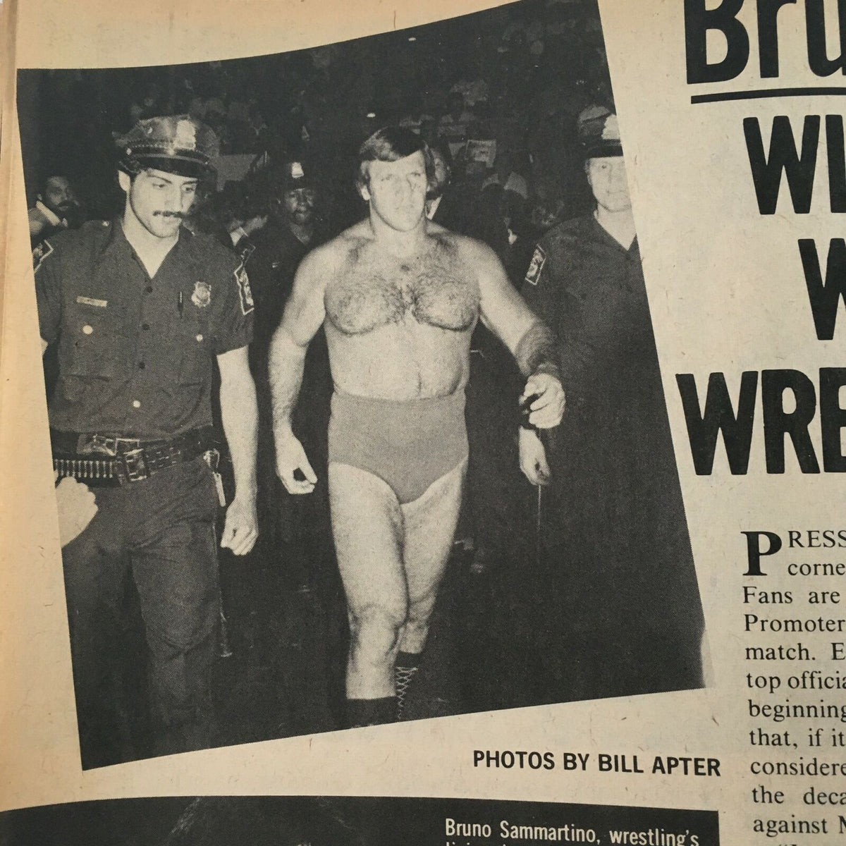 Image from The Wrestler Magazine November 1981 depicting Bruno Sammartino escorted by police, highlighting the dramatic elements of wrestling during that era.