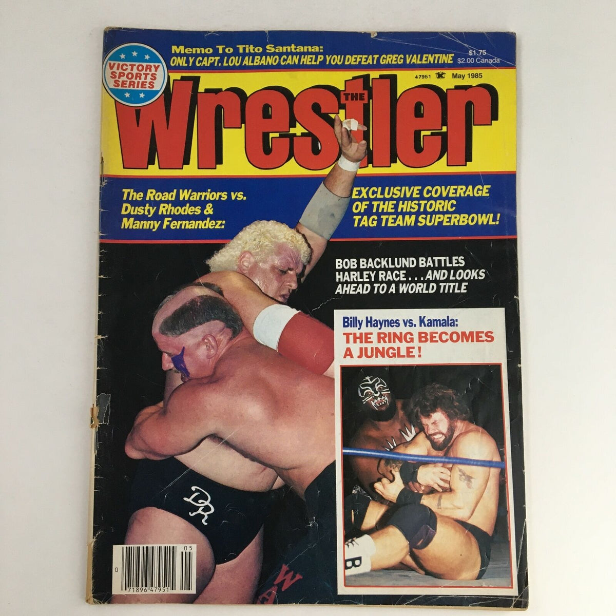 The Wrestler Magazine May 1985 cover featuring wrestling action with prominent figures like Bob Backlund, Harley Race, and Kamala. Highlights include historic tag team super bowl coverage.