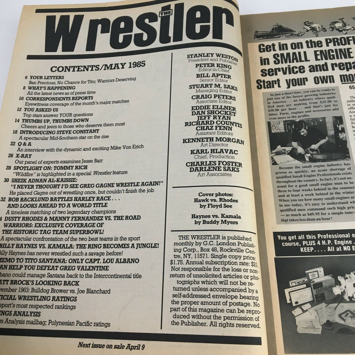 Inside page of The Wrestler Magazine May 1985 displaying the table of contents with featured articles and highlights on wrestling legends and events.