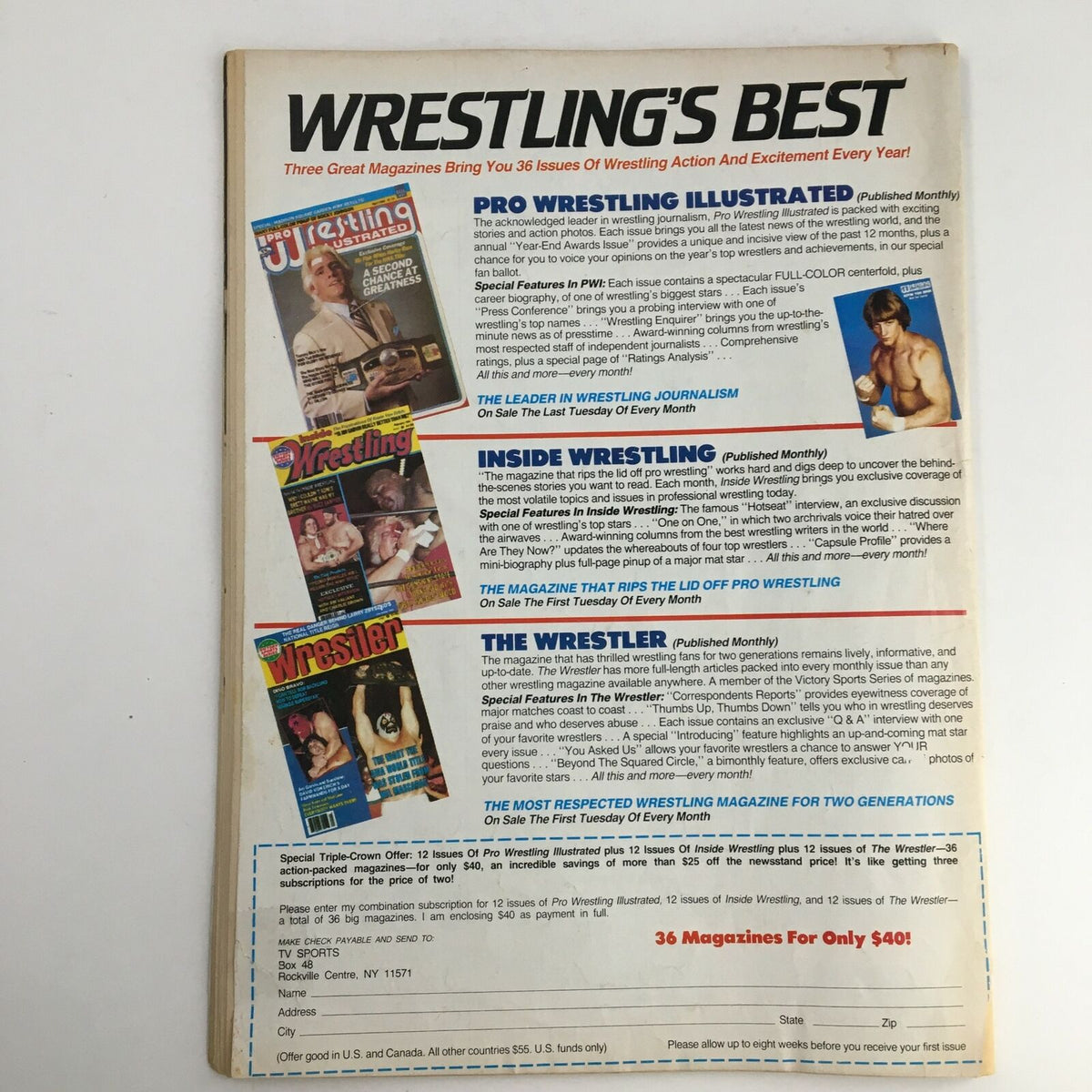 Back cover of The Wrestler Magazine May 1985 displaying advertisements for other wrestling magazines like Pro Wrestling Illustrated and Inside Wrestling, emphasizing wrestling's popularity during the era.