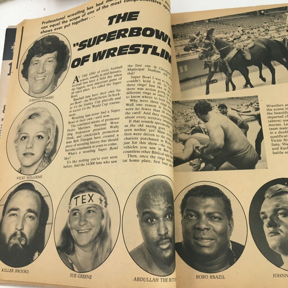 The Wrestler Magazine January 1973 featuring the section titled 'The Super Bowl of Wrestling', displaying images of wrestlers and promotional content related to the wrestling event.