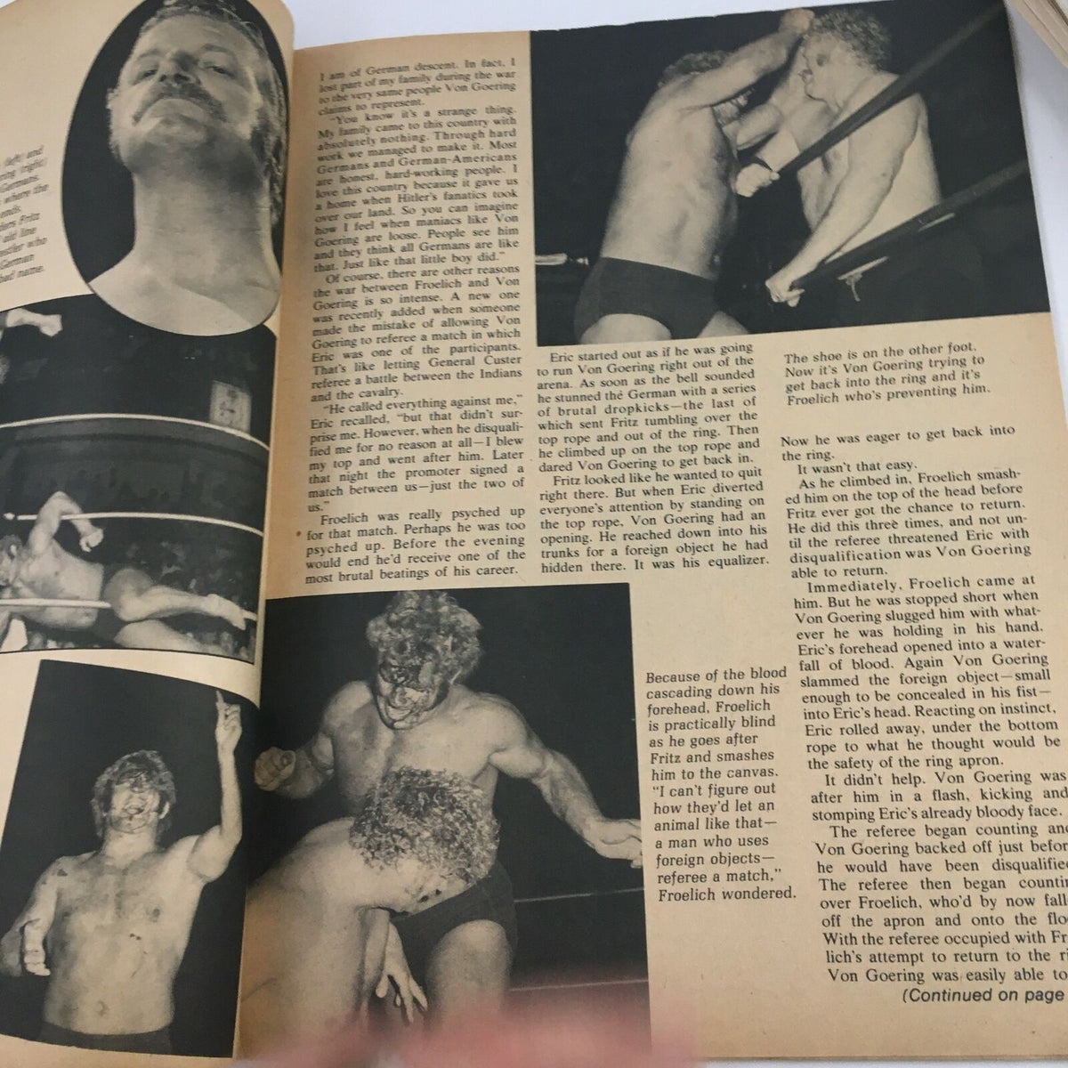 The Wrestler Magazine January 1973 highlighting a match review between Eric Froelich and Von Goering, featuring action shots of the wrestlers during a dramatic encounter.
