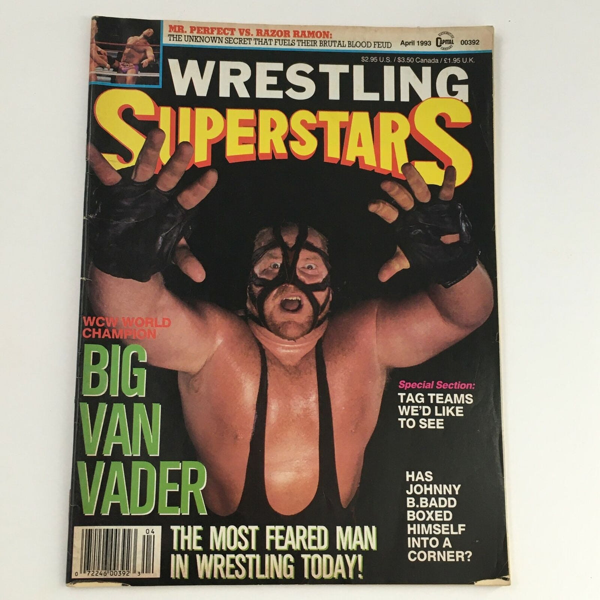Cover of Wrestling Superstars Magazine April 1993 featuring Big Van Vader, highlighting his status as WCW World Champion and his presence as the most feared man in wrestling.
