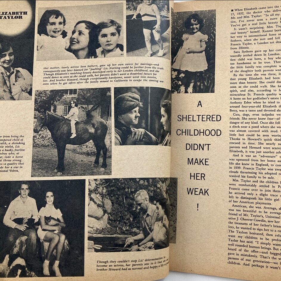 Interior page of VTG Hollywood Life Stories Magazine 1961, highlighting notable childhood images and stories of Elizabeth Taylor.