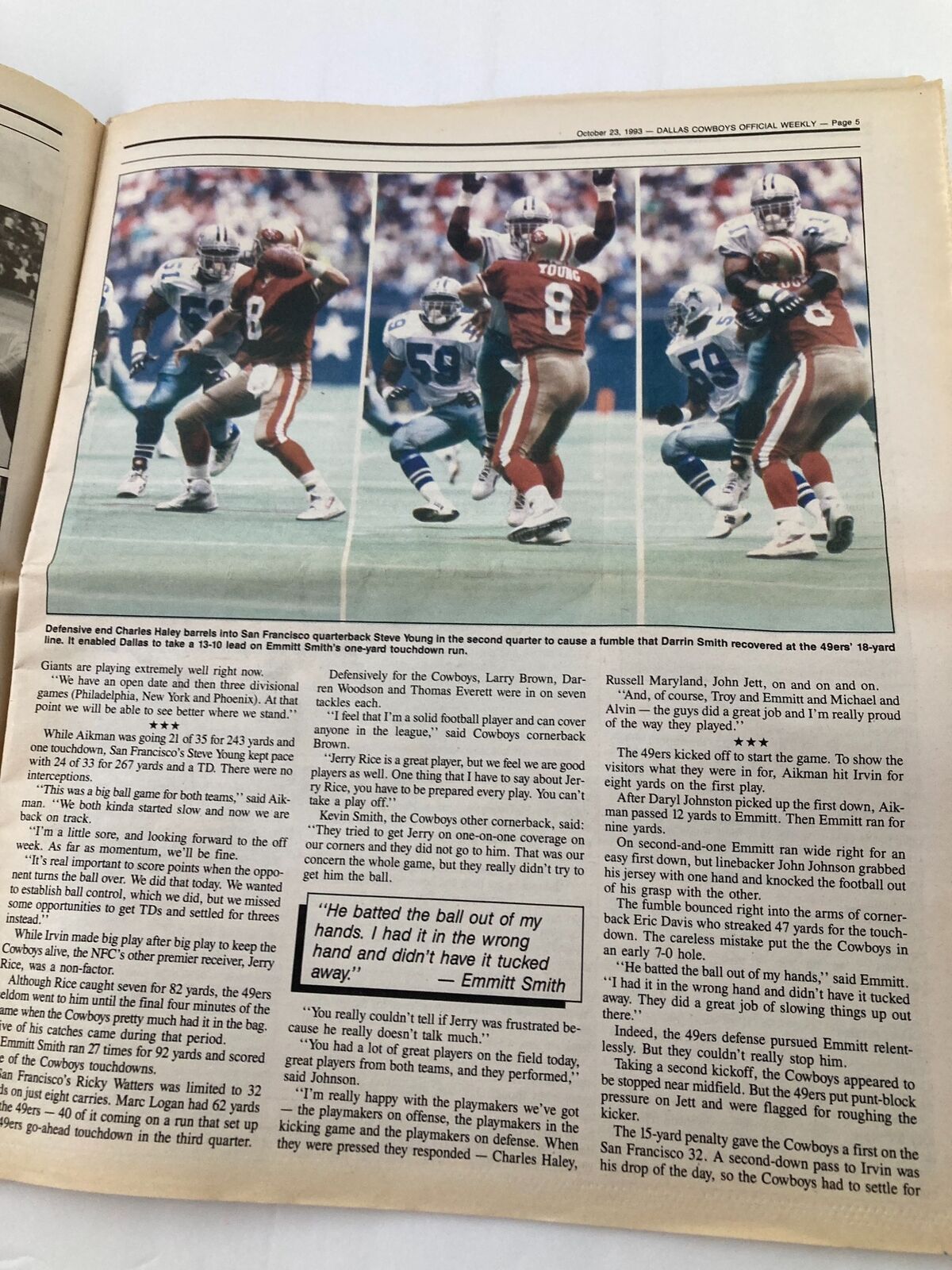 Image from Dallas Cowboys Weekly Newspaper October 23 1993 Vol 19 #18 showing a game moment with players from the San Francisco 49ers and the Cowboys. Emmitt Smith is highlighted with a quote about the game.