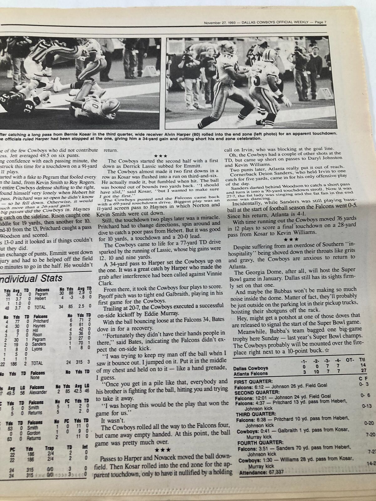 Dallas Cowboys Weekly Newspaper November 27 1993 Vol 19 #23 Emmitt Smith Injured, with a detailed report on game statistics and player performance.