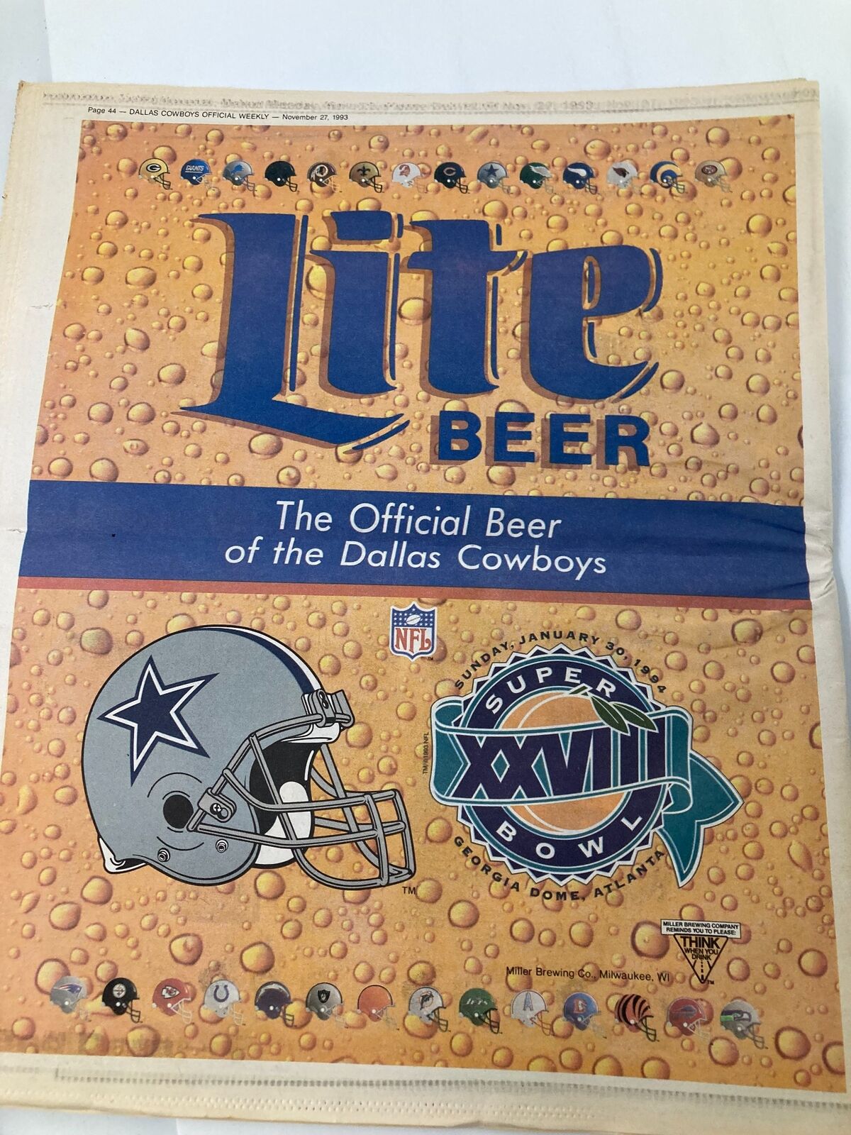 Dallas Cowboys Weekly Newspaper November 27 1993 Vol 19 #23 Emmitt Smith Injured, showcasing an advertisement for Lite Beer as the official beer of the Dallas Cowboys.