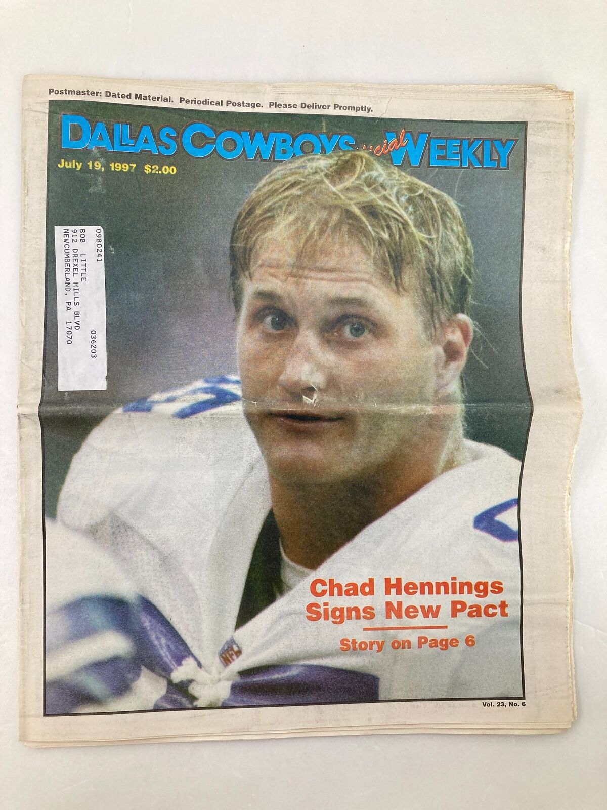Dallas Cowboys Weekly Newspaper July 19, 1997, Vol 23 #6 featuring Chad Hennings on the cover, showcasing his image and announcing his new contract.