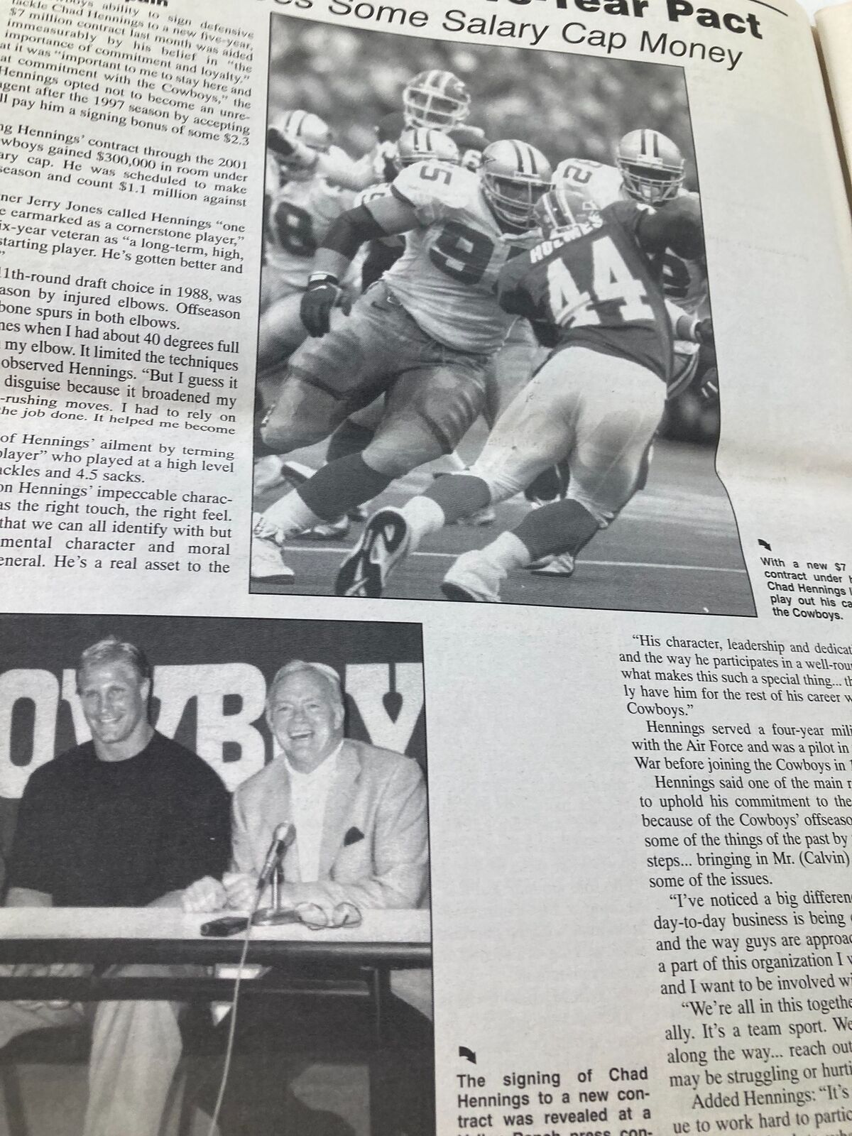 Interior page of the Dallas Cowboys Weekly Newspaper July 19, 1997, Vol 23 #6 featuring an article about Chad Hennings, discussing his role and importance to the team.
