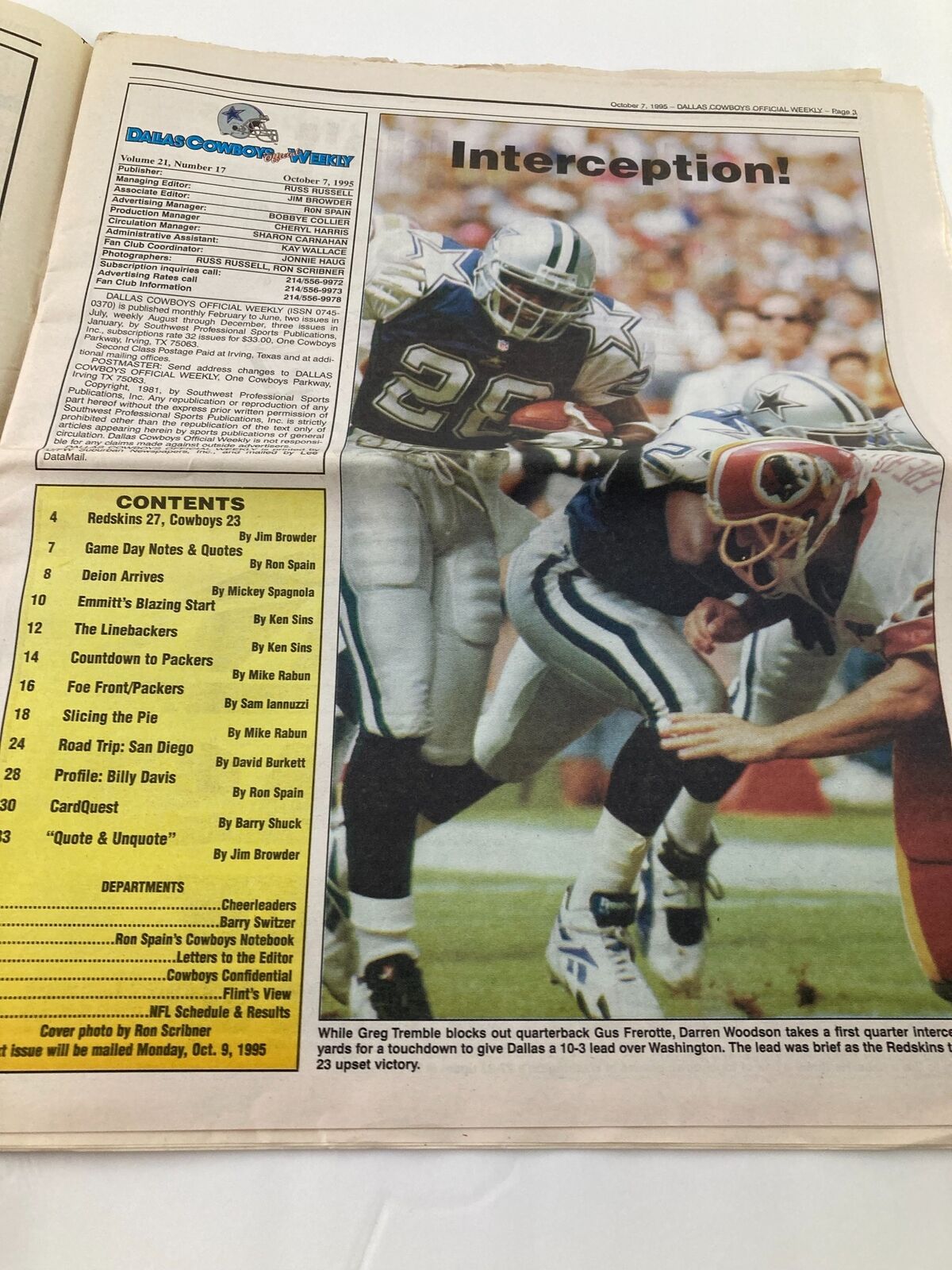 Interior page of the Dallas Cowboys Weekly Newspaper featuring an article content layout with images and headlines related to the game played on October 7, 1995.