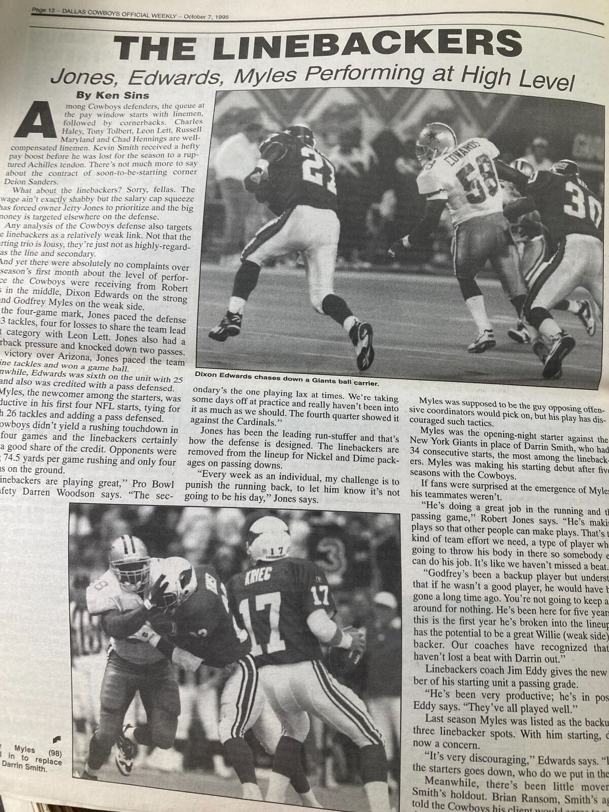Dallas Cowboys Weekly Newspaper October 7 1995 Vol 21 #17 featuring an article titled 'THE LINEBACKERS' by Ken Sins, highlighting players Jones, Edwards, and Myles performing at a high level.
