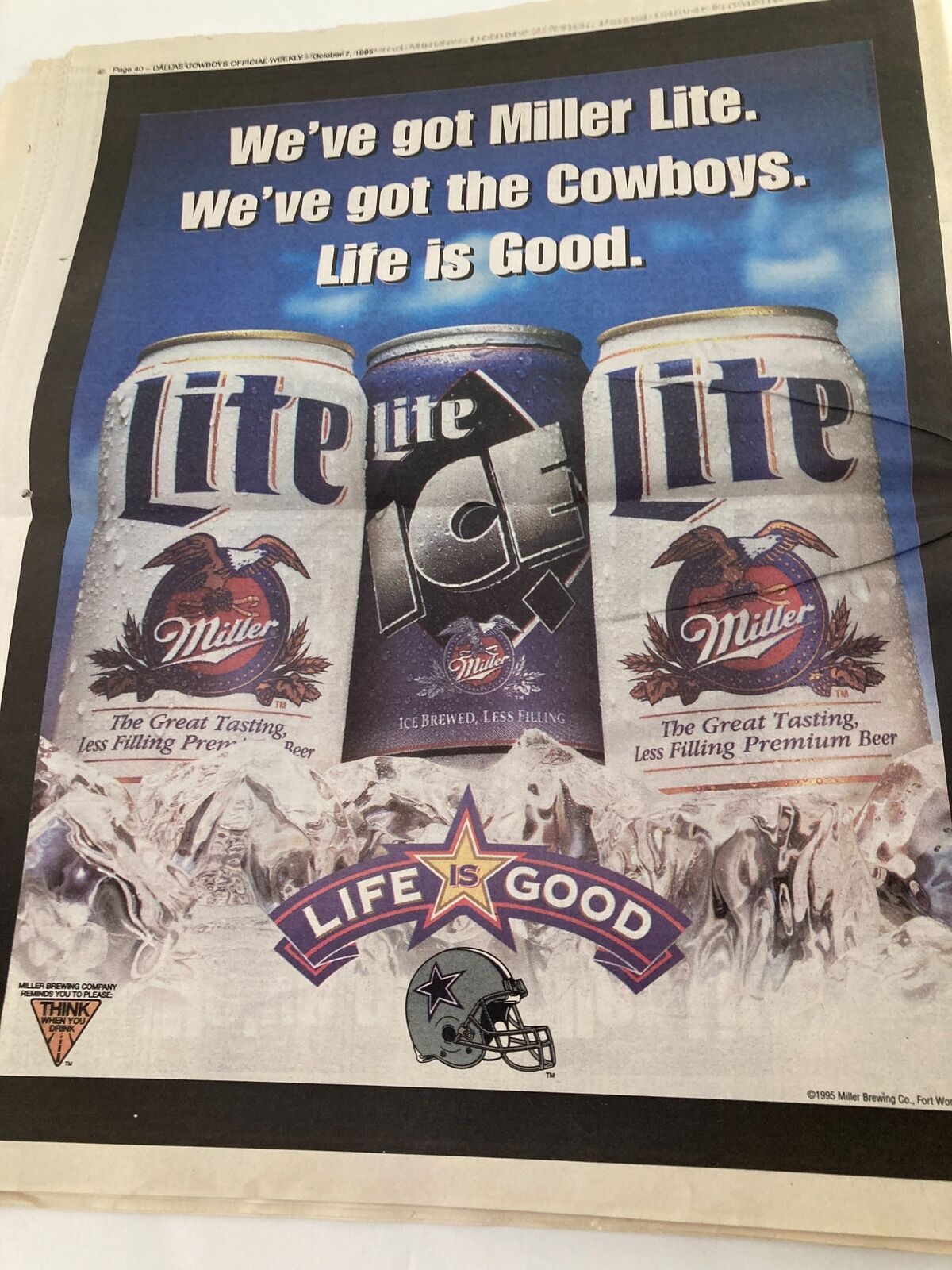 Dallas Cowboys Weekly Newspaper October 7 1995 Vol 21 #17 advertisement for Miller Lite beer, showcasing the brand alongside the Dallas Cowboys logo with the slogan 'Life is Good'.