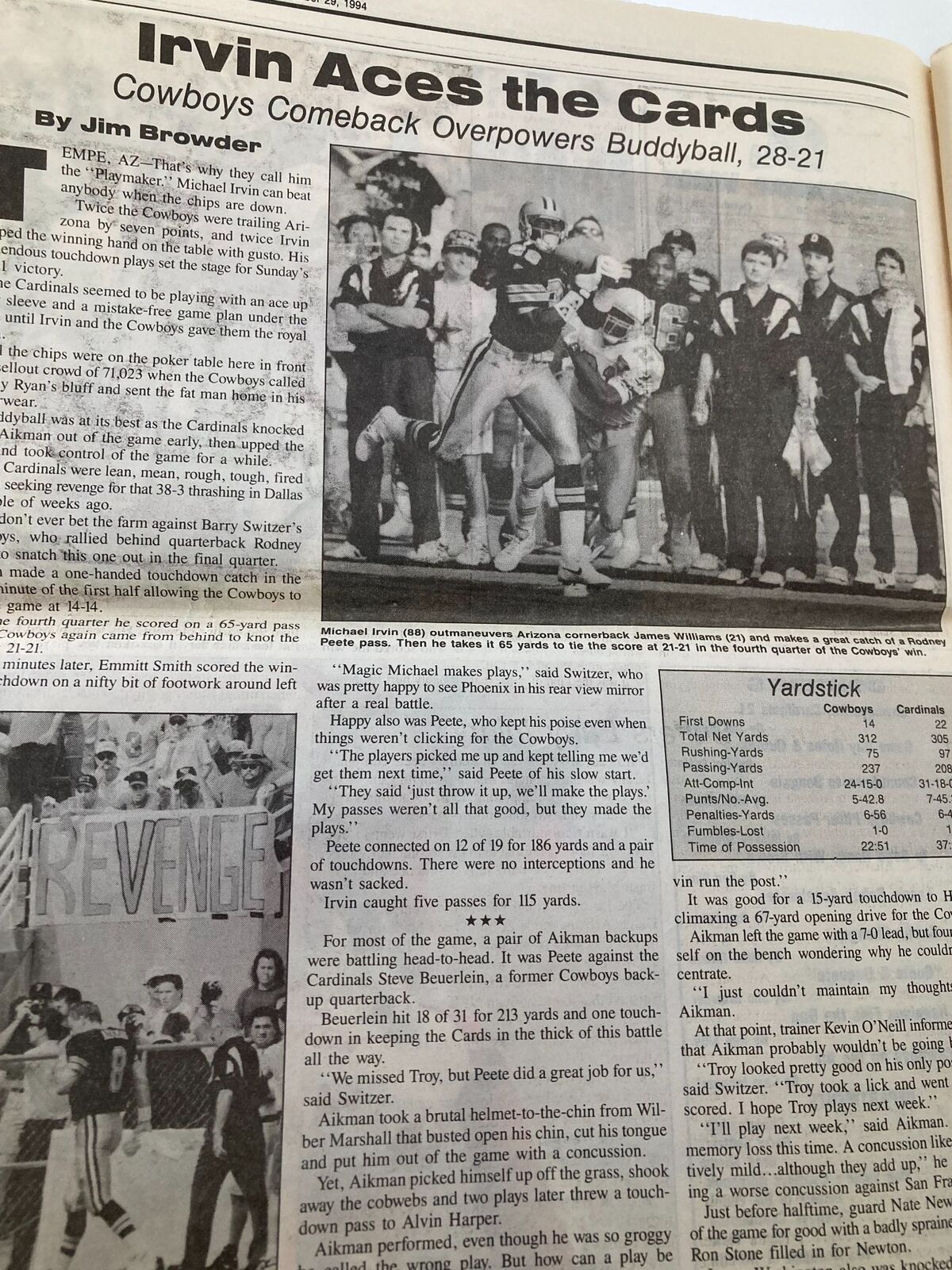 Dallas Cowboys Weekly Newspaper October 29 1994 Vol 20 #20 Michael Irvin featuring an article about the Cowboys' victory over the Cardinals, with statistics and player highlights.