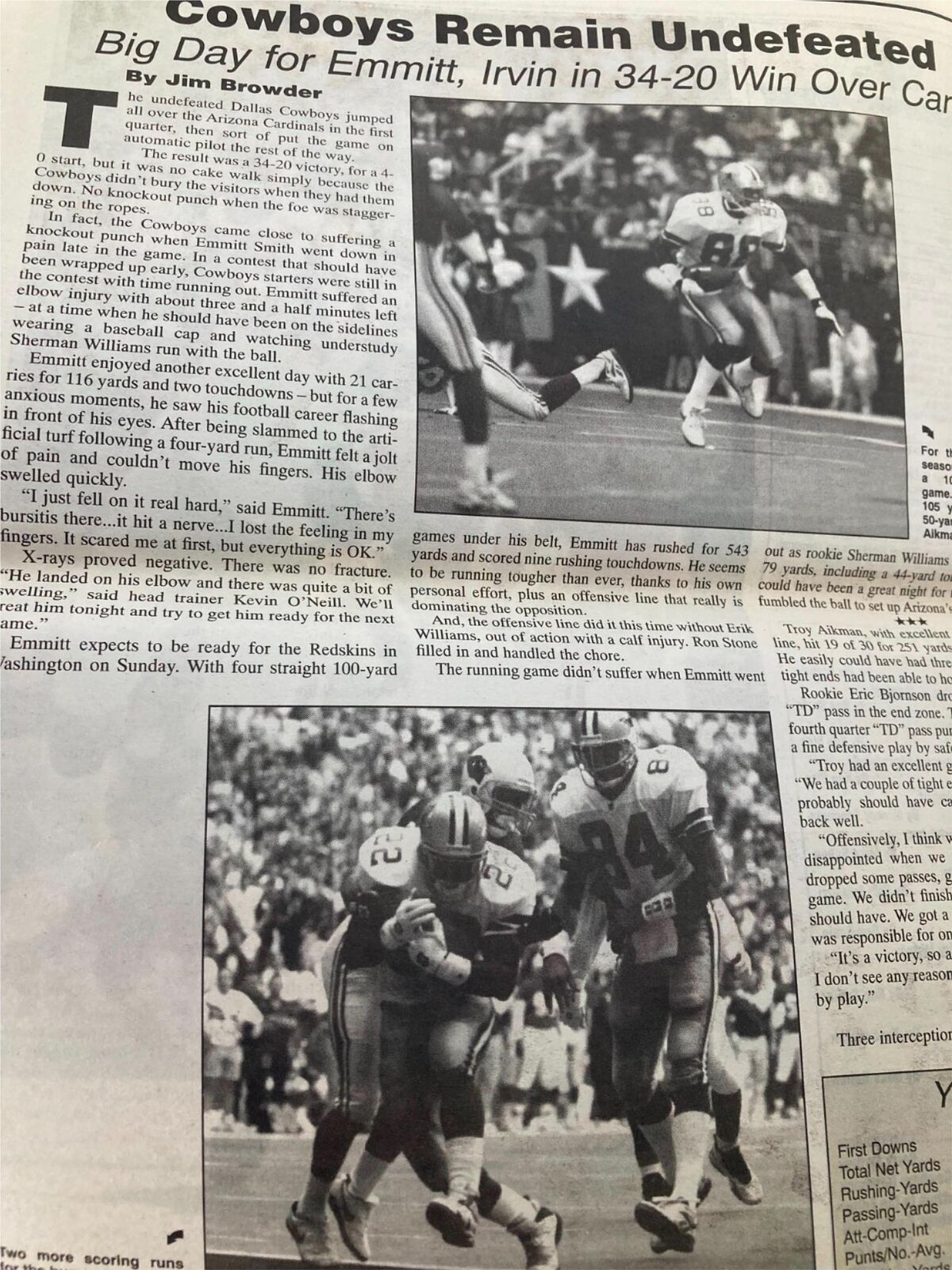 Dallas Cowboys Weekly Newspaper September 30 1995 Vol 21 #16 featuring an article about Cowboys players Emmitt Smith and Michael Irvin celebrating a win, highlighting their performance in the game.