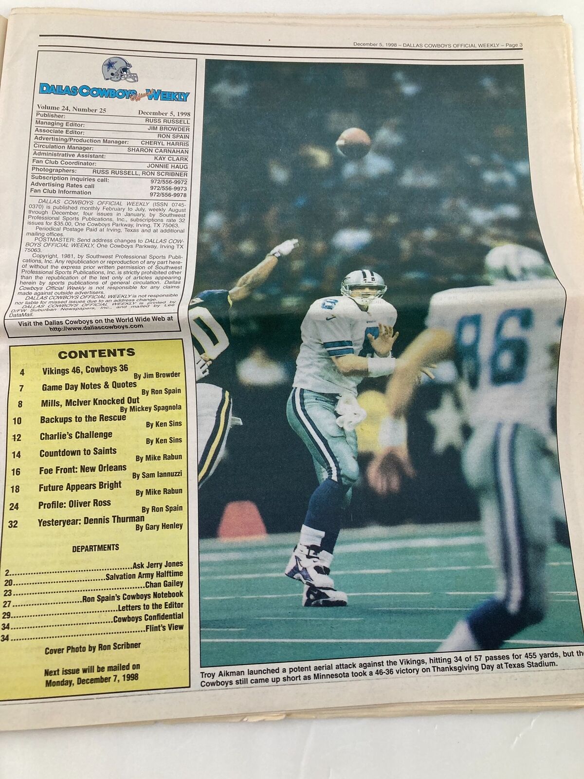 Inside page of the Dallas Cowboys Weekly Newspaper December 5 1998 Vol 24 #25 detailing the contents and editors, highlighting team dynamics during the 1998 season.