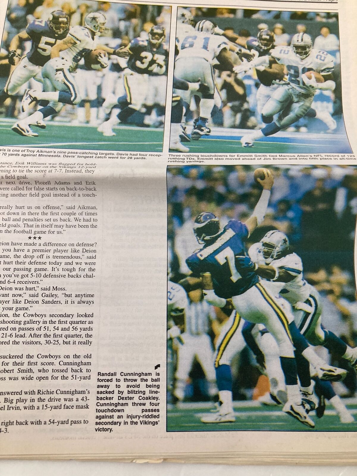 Dallas Cowboys Weekly Newspaper December 5 1998 featuring highlights of Troy Aikman and Emmitt Smith during a game against the Vikings, illustrating key plays and player performances.