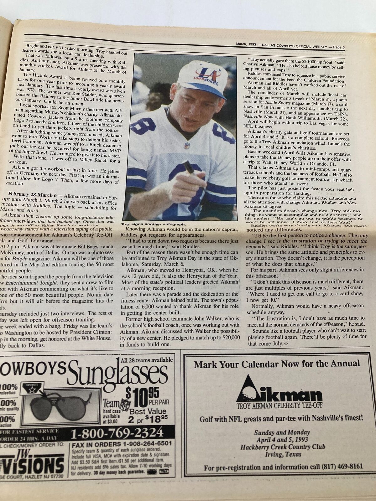 Dallas Cowboys Weekly Newspaper March 1993 Vol 19 #2 featuring an article and imagery related to the Dallas Cowboys, showcasing a fan wearing a Cowboys jersey.