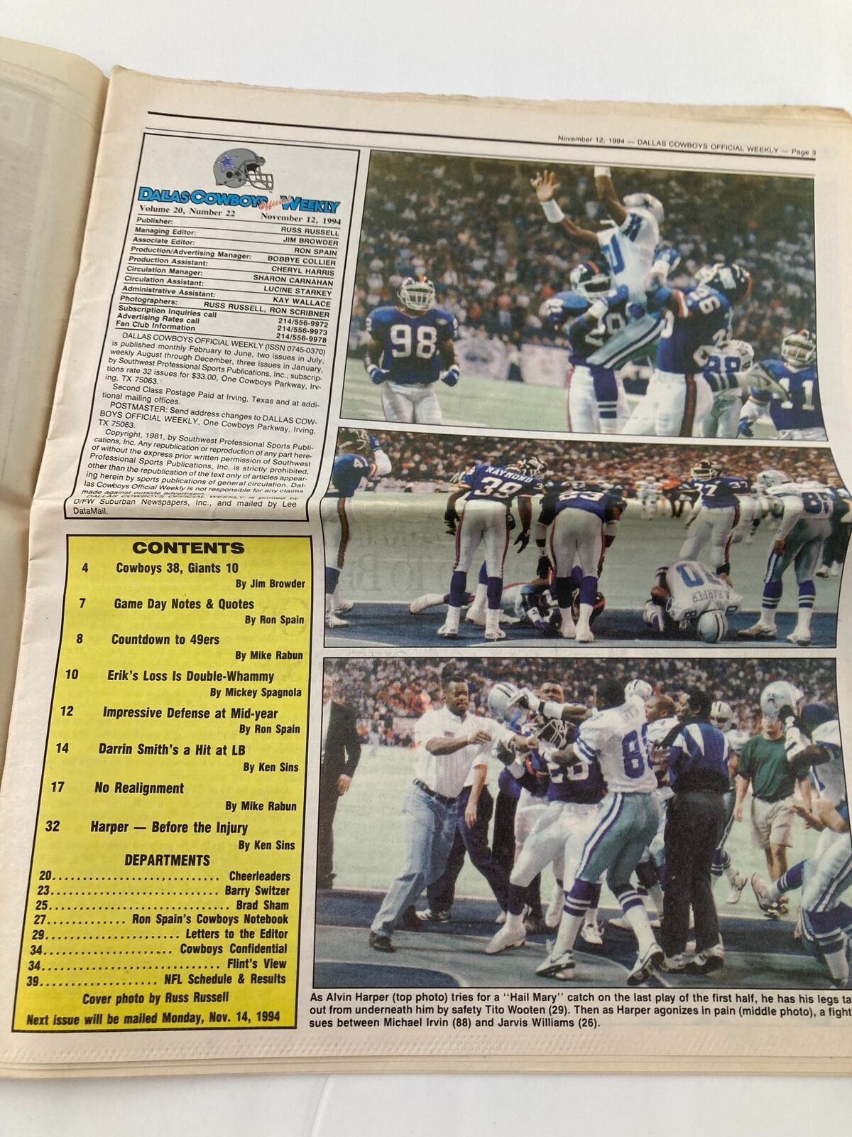 Inside page of the Dallas Cowboys Weekly Newspaper November 12 1994 Vol 20 #22, displaying articles and images, including player statistics and game insights.
