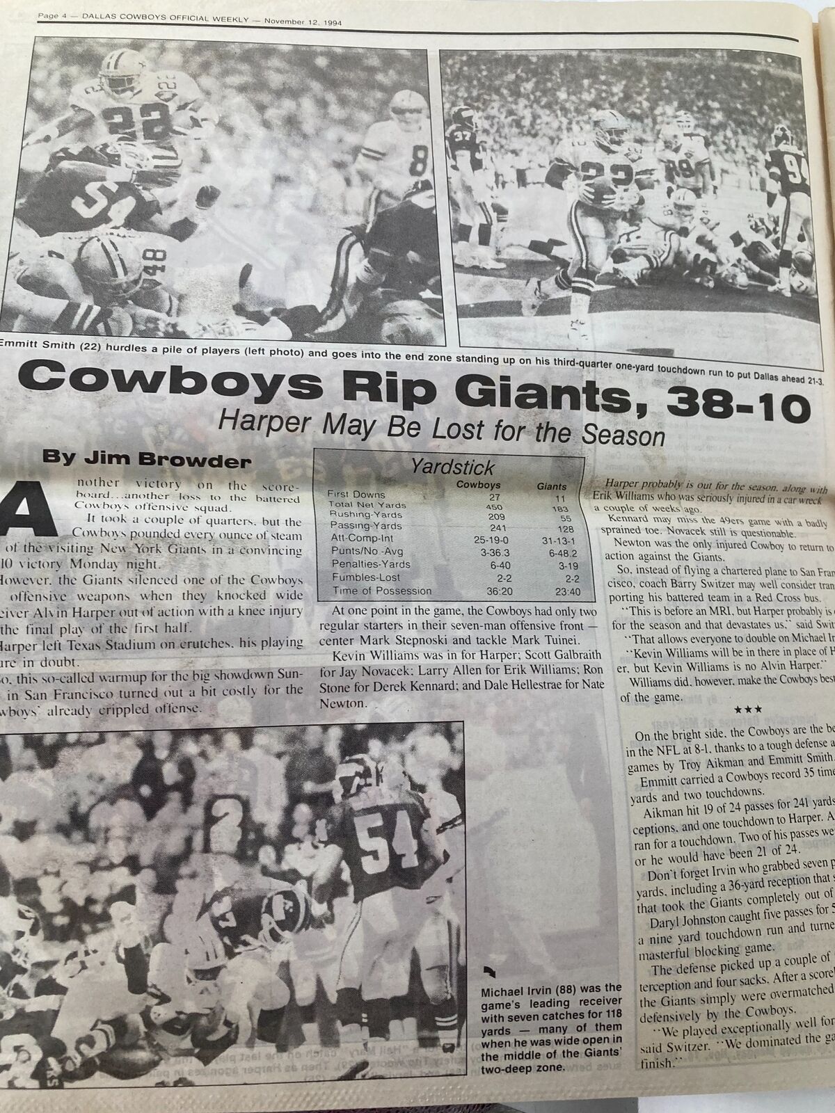 Dallas Cowboys Weekly Newspaper November 12 1994 Vol 20 #22 featuring action from the game against the New York Giants, highlighting the Cowboys' victory with a score of 38-10.