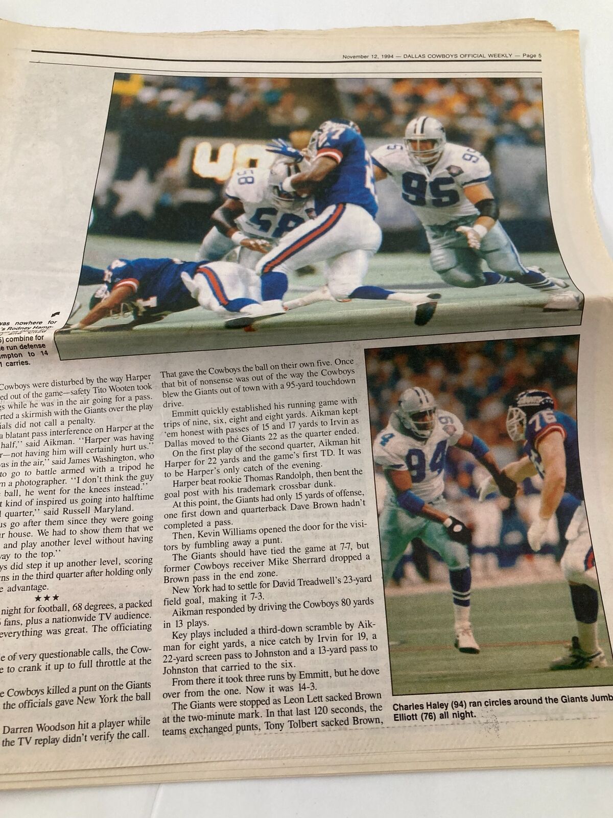 Dallas Cowboys Weekly Newspaper November 12 1994 Vol 20 #22 showcasing a game moment against the New York Giants, depicting a play with players on the field.