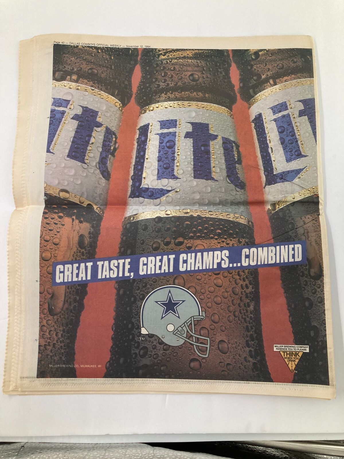 Dallas Cowboys Weekly Newspaper November 12 1994 Vol 20 #22 advertisement for Miller Lite beer, featuring a Cowboys-themed design with the slogan 'Great Taste, Great Champs...Combined'.