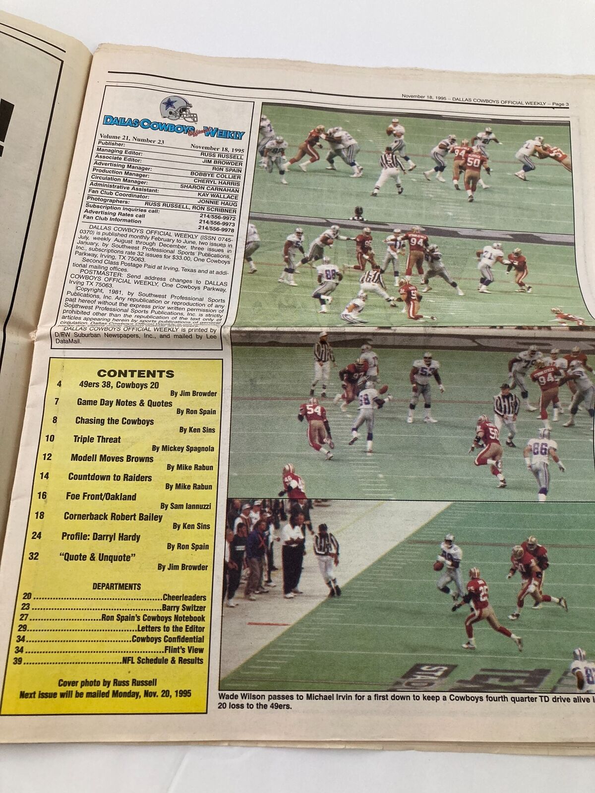 Content page of Dallas Cowboys Weekly Newspaper November 18 1995 Vol 21 #23, listing articles and features including game recaps and player profiles.