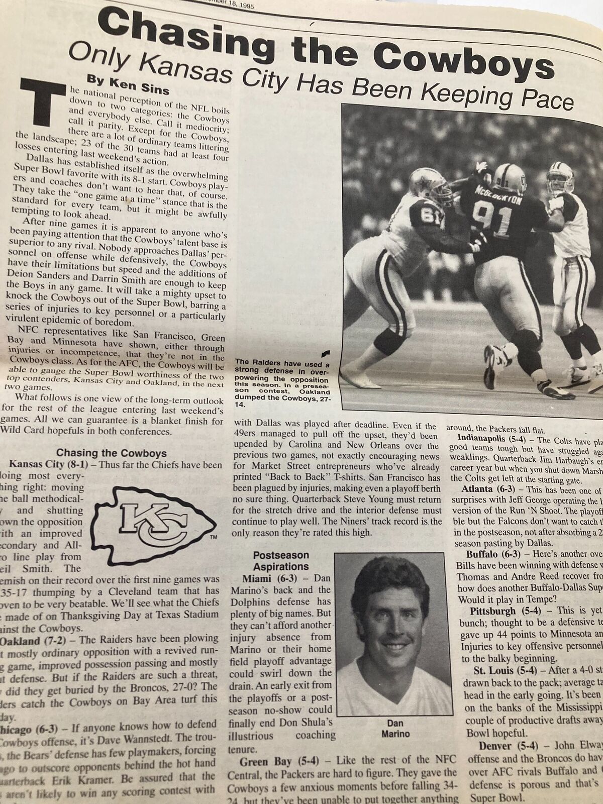 Dallas Cowboys Weekly Newspaper November 18 1995 Vol 21 #23 Wade Wilson showcasing a detailed article 'Chasing the Cowboys' with insights on NFL teams including the Kansas City Chiefs.