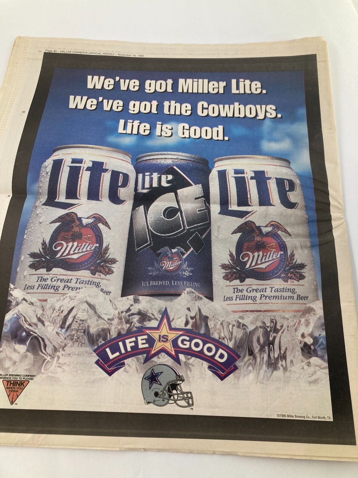 Dallas Cowboys Weekly Newspaper November 18 1995 Vol 21 #23 Wade Wilson featuring a vintage advertisement for Miller Lite beer with Cowboys branding and the slogan 'Life is Good'.